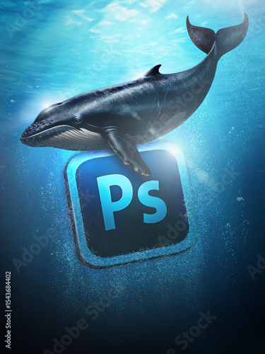 Photoshop logo with a whale in the depths of the sea