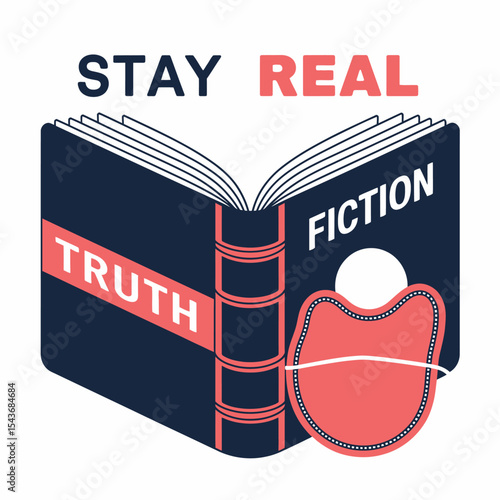 Open Book Truth Fiction Concept Illustration Stay Real Design Authentic Reading Literature Knowledge Wisdom Graphic Novel Flat Style Minimalist Modern Vector Image Book Page text pages words story    
