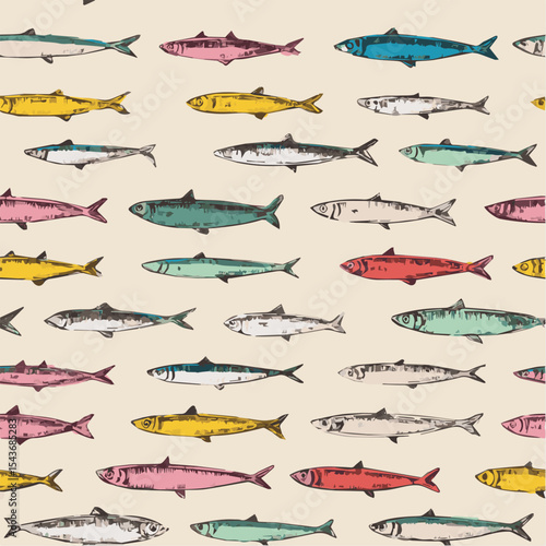 Seamless pattern of sardines with Mediterranean Italian style