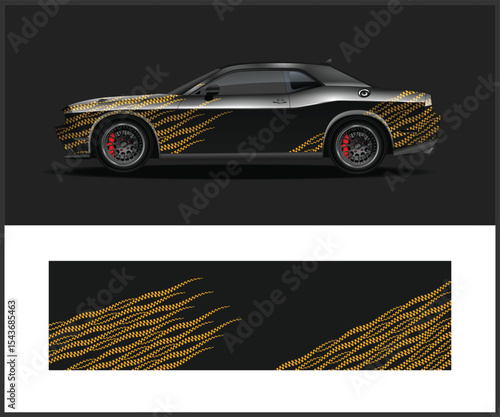 Sleek Black Car with Yellow Checkered Racing Stripes Graphic Wrap Design