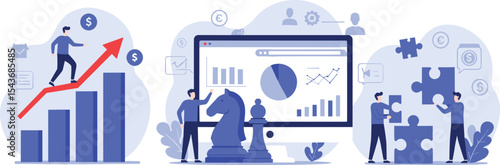 Data-driven business growth, marketing analytics dashboard, financial strategy planning, teamwork collaboration, problem solving, puzzle illustration, upward success, bar chart