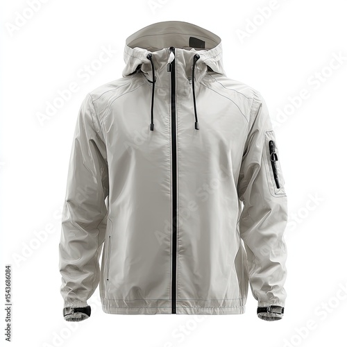 Light beige,  windbreaker jacket with hood and zipper closure.  Features zipper pockets