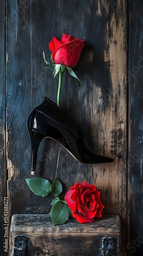 Elegant Black Patent Leather Heel Shoe with Red Roses on Weathered Wooden Surface