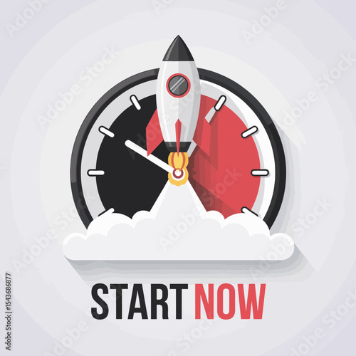 Start Now Rocket Launch Time Clock Business Concept Illustration Design Graphic Flat Style Modern Urgent Speed Fast Progress Success Achievement Goal Target Innovation Technology Future Digital       