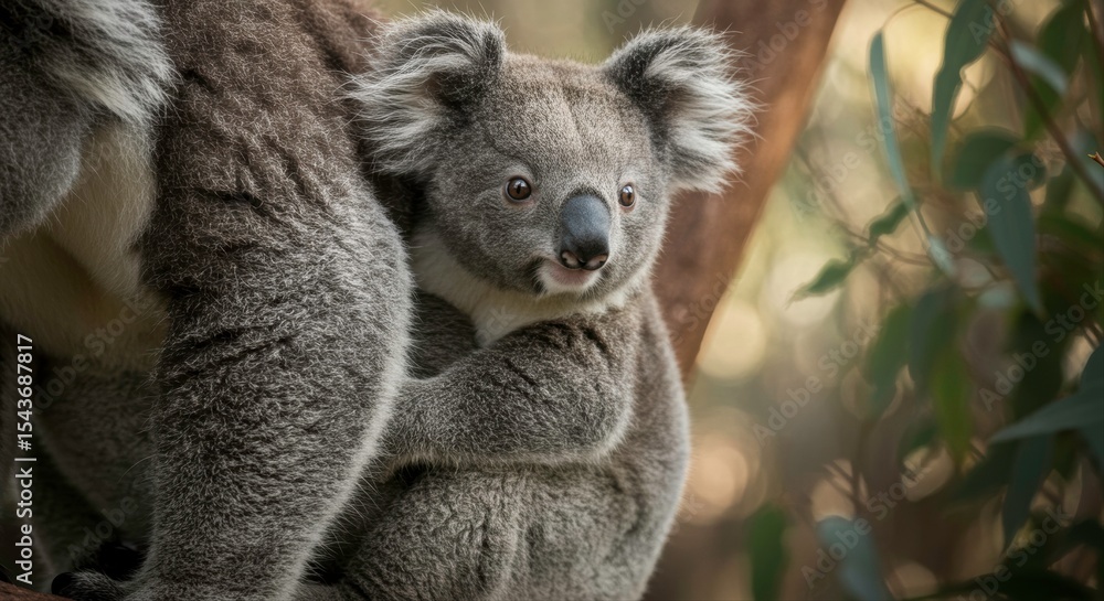 Fototapeta premium A heartwarming scene: A mother koala with its adorable baby clinging on its back