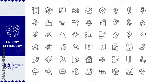 Energy efficiency line icon set. ECO, electric, power, solar panel, economy, Containing energy saving light bulb, sustainability, electricity, price,battery, re-use, and natural icon collection.