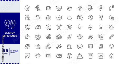 Energy efficiency line icon set. ECO, electric, power, solar panel, economy, Containing energy saving light bulb, sustainability, electricity, price,battery, re-use, and natural icon collection.