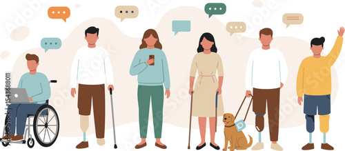 Group of disabled people illustration, inclusive community, wheelchair user, prosthetic leg, guide dog, crutches, accessibility, support, diversity, equality