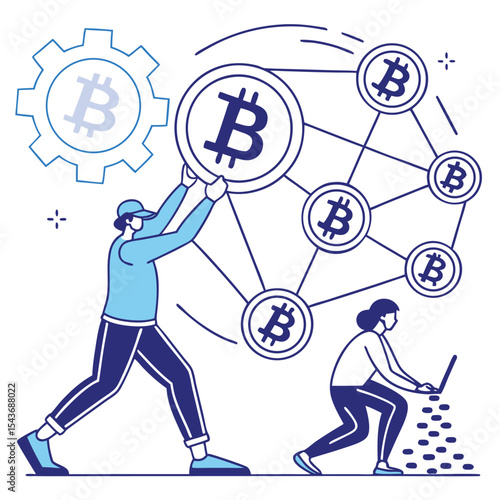 People working with bitcoin network and gear, one person holding bitcoin and another using a laptop device