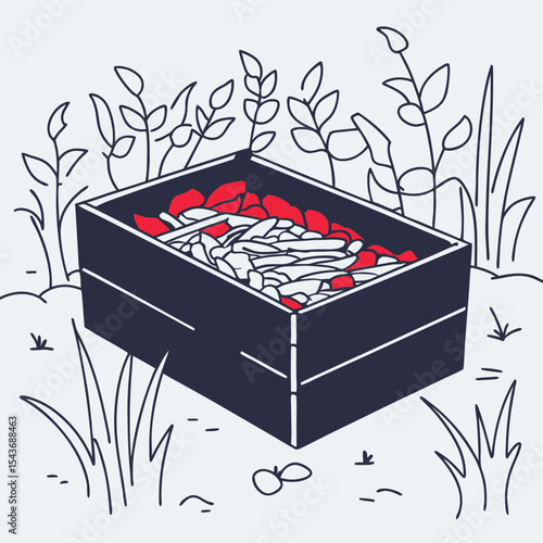 Compost bin with food scraps and leaves