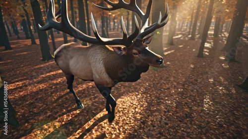 Mature stag with confident mood, walking through autumn forest with golden leaves
