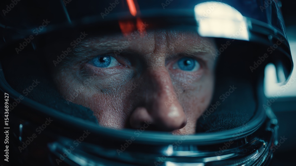 A close-up of a focused person wearing a reflective racing helmet, emphasizing intense blue eyes and determination A close-up of a focused person wearing a reflective racing helmet, emphasizing intense blue eyes and determination
