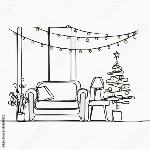Cozy living room with Christmas tree and string lights in minimalist style  