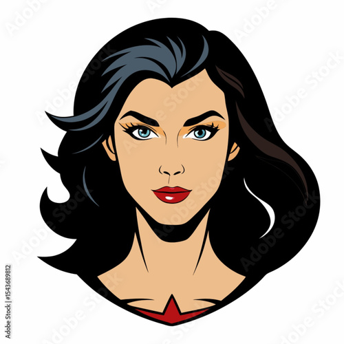 Portrait of a glamorous woman's face with beautiful hair, eyes, and lips, in a vector art illustration style