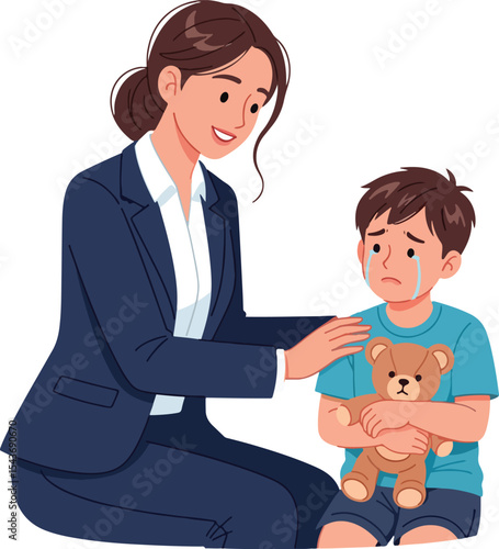 A heartwarming vector illustration depicting a professional woman in a suit gently comforting a crying young boy who is holding a teddy bear.