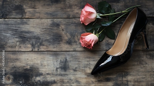 Elegant Black Patent Leather High Heel Shoe with Two Pink Roses on Wood