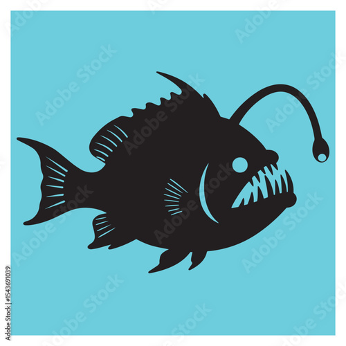 Silhouette illustration of a fierce anglerfish on a vibrant blue aquatic background.