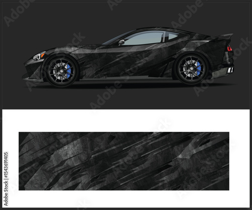 Modern Black Sports Car with Abstract Camouflage Pattern and Matching Design