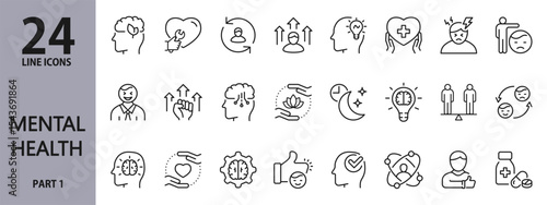 Mental Health line icons set with Wellness, Brain, Therapy, Positive, Thinking, Mood, Care and more. Editable Stroke