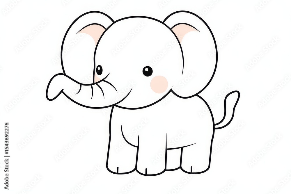 Obraz premium Cute cartoon elephant with thick black outline and flat color fill, kawaii minimalist vector illustration on white background, simple children’s coloring page