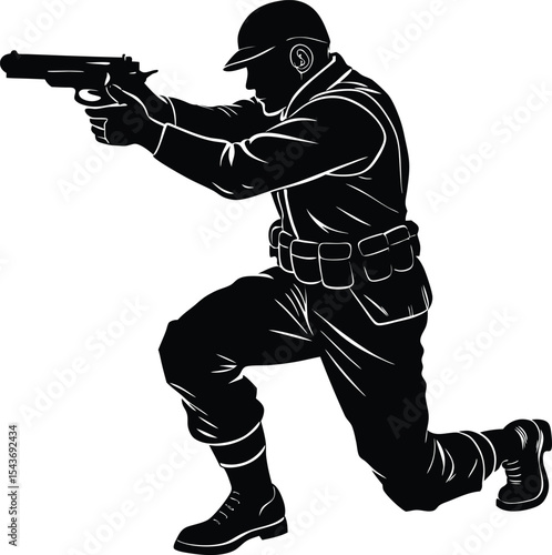 Military Man in Combat Position Holding Rifle in Tactical Stance