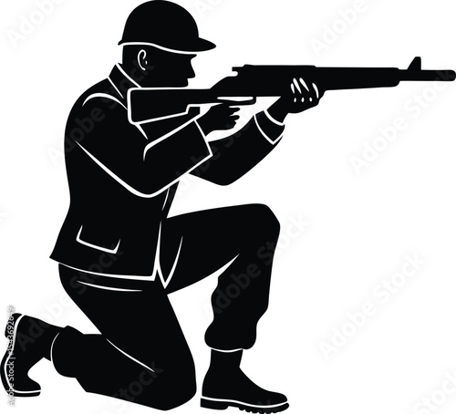 Silhouette of Soldier Kneeling and Aiming Rifle in Combat-Ready Position