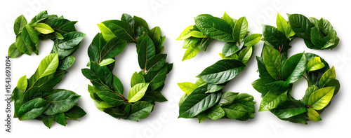 Arranged Fresh Lush Green Leaves Forming Happy New Year 2026 on a White Background environmental and eco friendly design