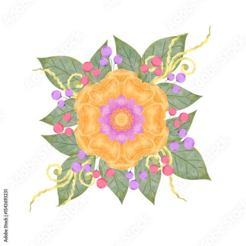 floral arrangement with large orange blossoms of watercolor illustration
