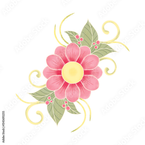 Pink Flower with Green Leaves and Elegant Swirls a Watercolor Floral Design