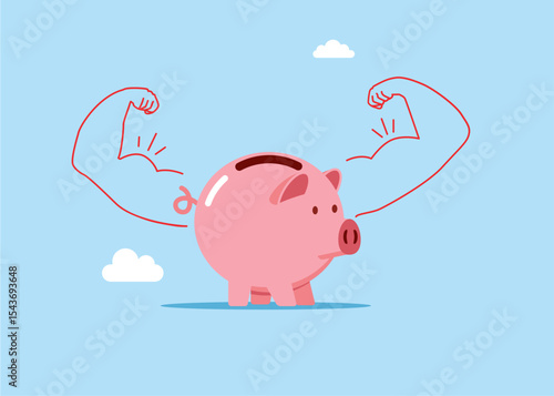 Piggy bank doing strong gesture. Money power. High esteem. Savings. Finance and industry.  Modern vector illustration in flat style