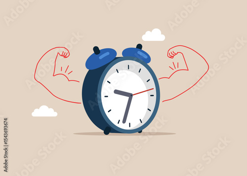 Clock doing strong gesture. Technology power. High esteem. 24-7 support service,  working hours. Flat vector illustration.