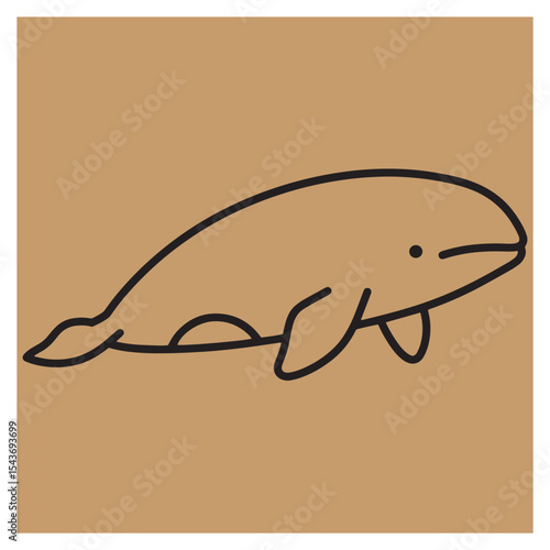 Simple line art illustration of a cute and playful beluga whale on a tan background