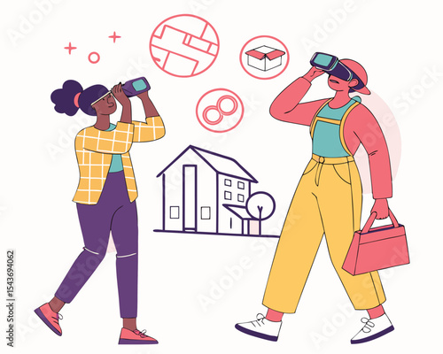 Two people using vr and binoculars to visualize house plans and package delivery in a modern style