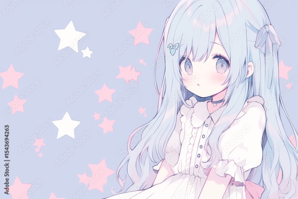 Cute anime girl with powder blue hair wearing white dress and black necklace in pastel gothic style on pale pink star background, soft light digital art with left white space Cute anime girl with powder blue hair wearing white dress and black necklace in pastel gothic style on pale pink star background, soft light digital art with left white space