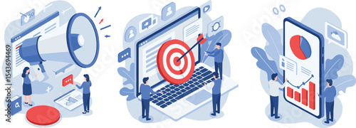 Digital marketing strategy, online business analysis, SEO optimization, data targeting, teamwork, campaign success, analytics report, mobile analytics interface, audience growth