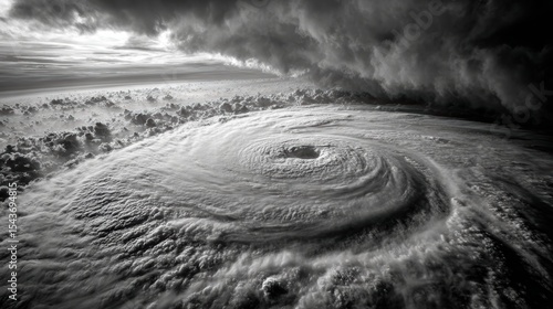A dramatic, swirling hurricane seen from above, with dense clouds and a distinct eye at the center in black and white