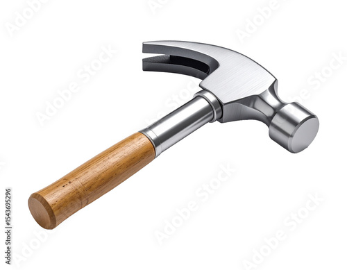 Realistic 3D image of claw hammer, metal head with wooden handle, PNG