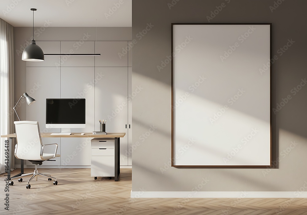Fototapeta premium Office interior with desk, chair, computer, and blank frame