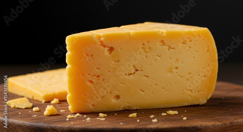 Close-up of delicious cheese on wooden board against dark background