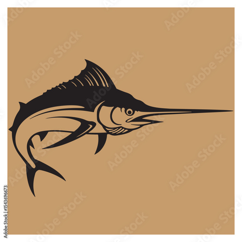 Vector illustration of a swordfish in silhouette against a brown background