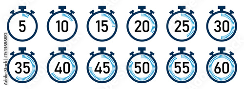 Collection of stopwatch icons showing timer durations from 5 to 60 minutes. Circular progress indicators included. Ideal for time, countdown, or fitness related visuals.