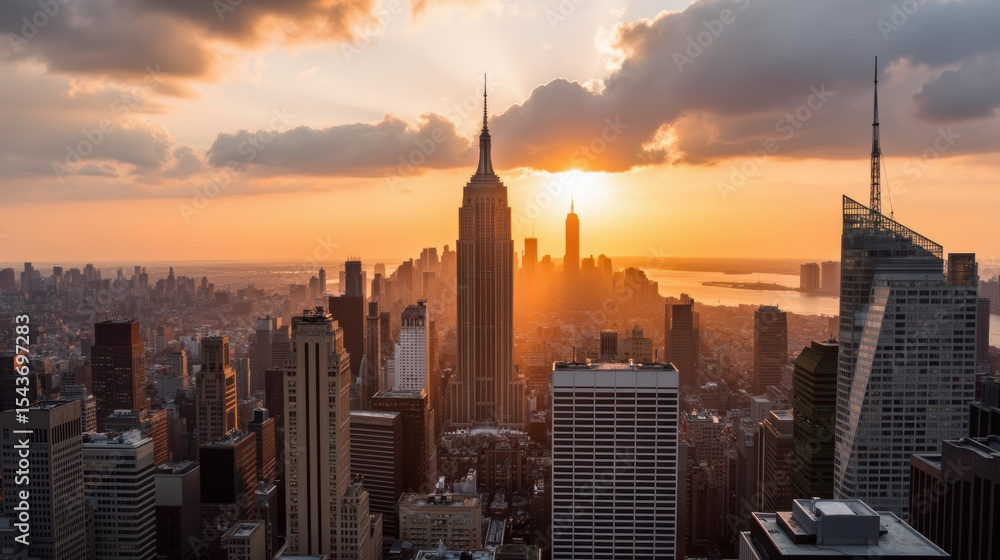 Fototapeta premium Stunning skyline view of New York City at sunset, featuring iconic skyscrapers and warm golden light illuminating urban landscape