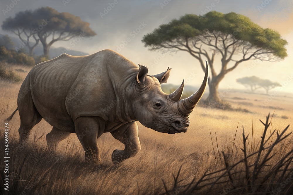 Obraz premium Black rhinoceros walking through african savanna at sunrise isolated on white background