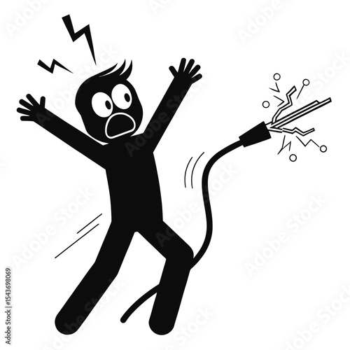 A stick figure receives an electric shock from a frayed cable with sparks and a shocked expression on face