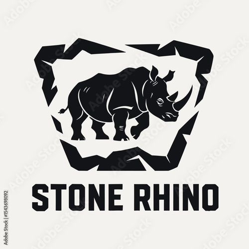 A stylized black rhinoceros illustration within a geometric frame with stone rhino text below it here now