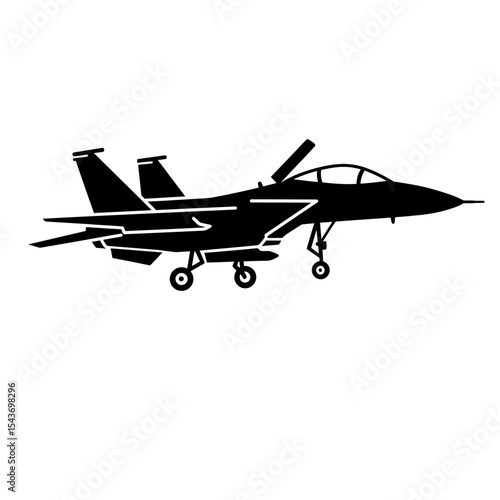 A black silhouette of a fighter jet with landing gear deployed and canopy open on a white background plane