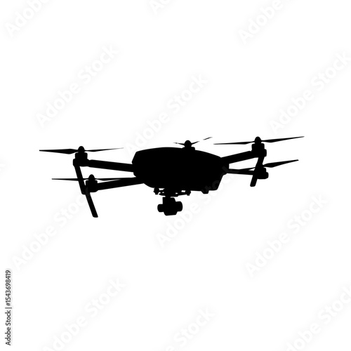 A silhouetted drone with four propellers hovering in the air against a stark white background image view