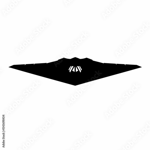 A black and white silhouette of a stealth bomber against a plain white background in a simple design