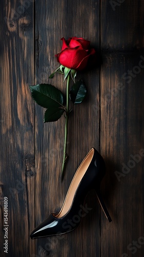 Elegant Red Rose with Dark Green Leaves and a Black High Heel on Wood