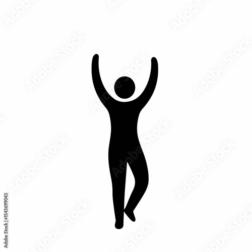 Silhouette of a person standing with arms raised in the air on a white background in a simple illustration